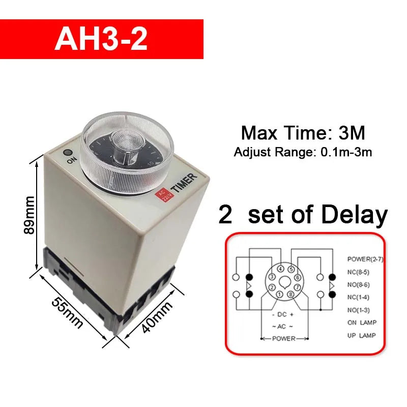 1 PC AH3-2 Time Relay AC/DC Universal Thick Stitch Power-on Delay Timer AH3-3 Time Set Range 0.1S-60m with Base DC12V24V AC220V