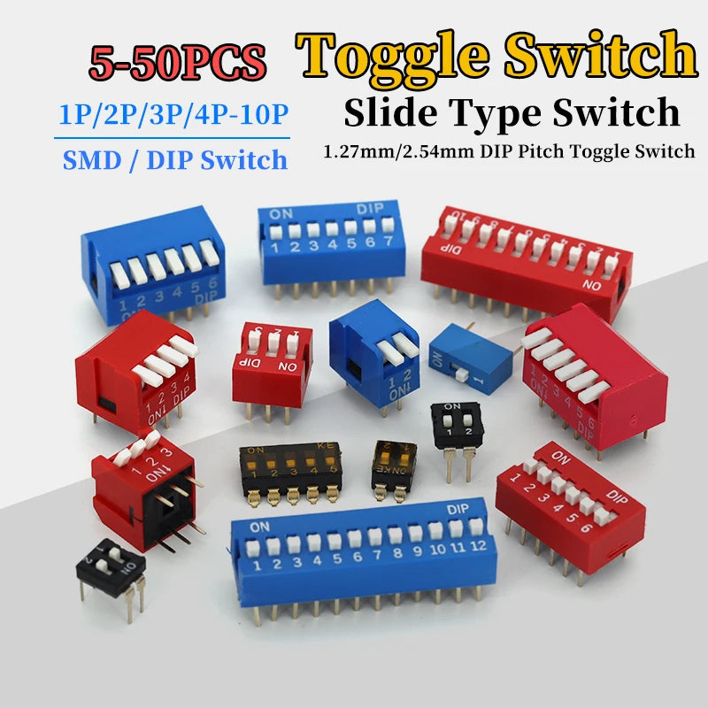 5-50Pcs Slide Type Switch Module 1 2 3 4 6 8 10PIN /1.27/2.54mm Position Way DIP/SMD Pitch Toggle Switch Blue Snap Switch Dial