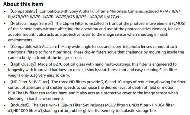 Kase 4-in-1 Clip-in Filter Kit for Sony Alpha A7/A7III/A7R/A7S/A9, MCUV+ND8+ND64+ND1000, B270 Optical Glass, 3.3g Each