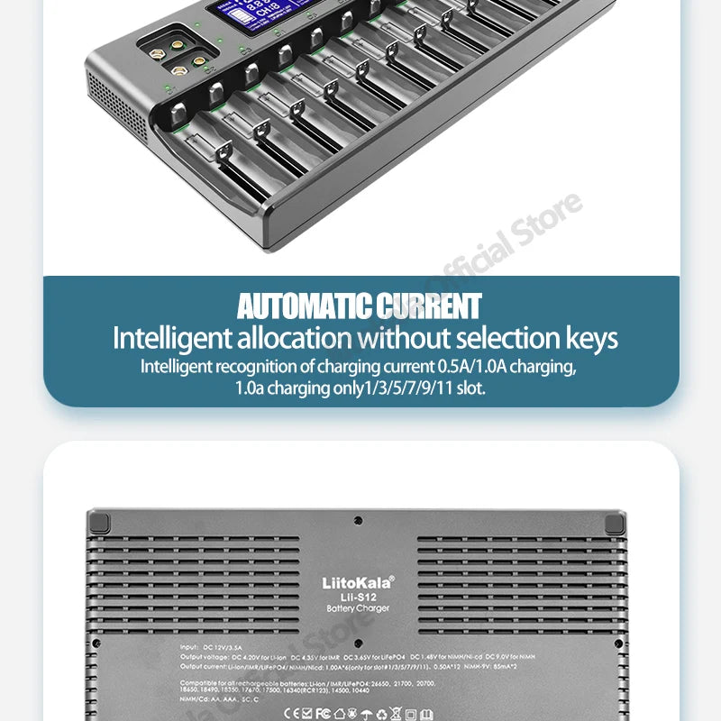 LiitoKala Lii-S12 12-Slot LCD Battery Charger for Li-ion LiFePO4 Ni-MH Ni-Cd 9V 21700 20700 26650 18650 16340 18350 RCR123 18700