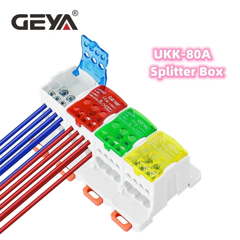 GEYA UKK-80A Distribution Box Din Rail Terminal Block 1 In 6Out Power Junction Box 80A Universal Electric Wire Connector