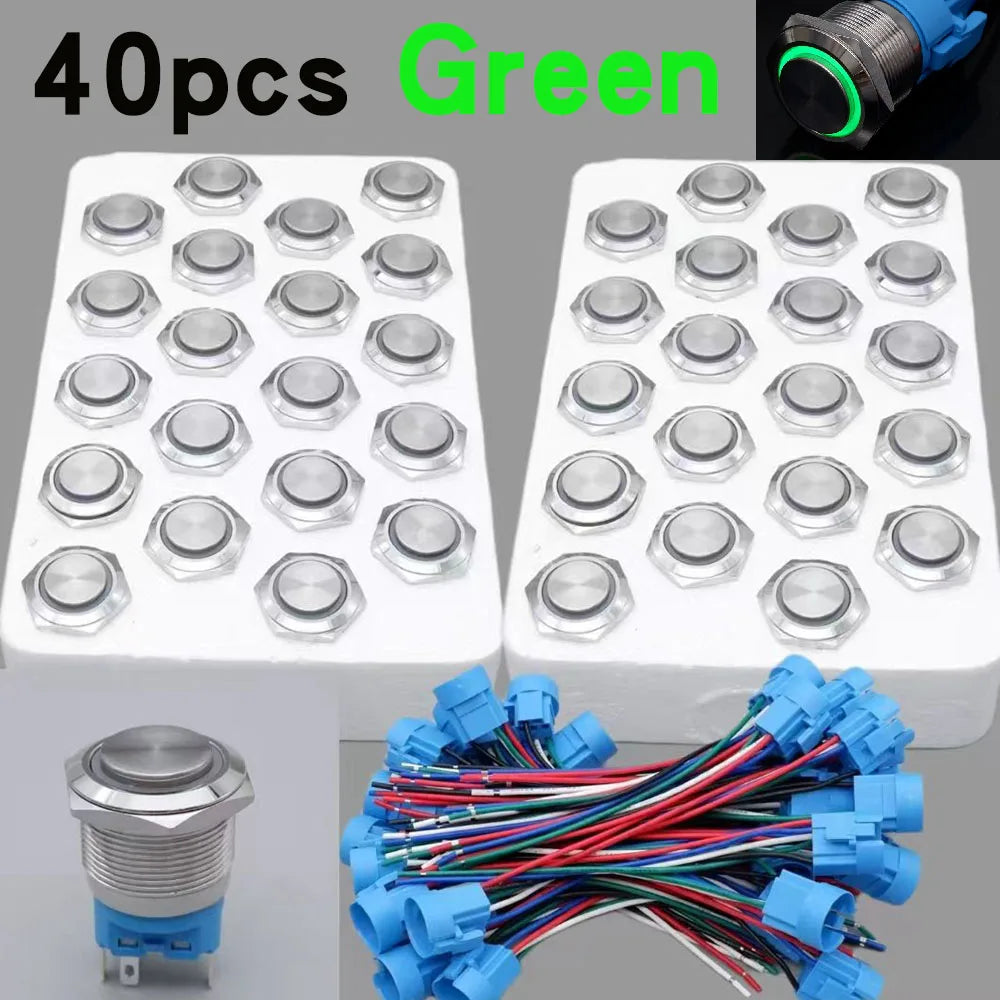 40pcs 22mm Push Button Switch Latching Momentary Metal PC Power LED Light On Off with Wire Waterproof 12v 3v 5v 6v 24v 220v Red