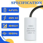 1Pcs CBB60 Run Capacitor 3uf-100uf 450V AC 2 Wires 50/60Hz Cylinder White for Air Compressor Water Pump Motor