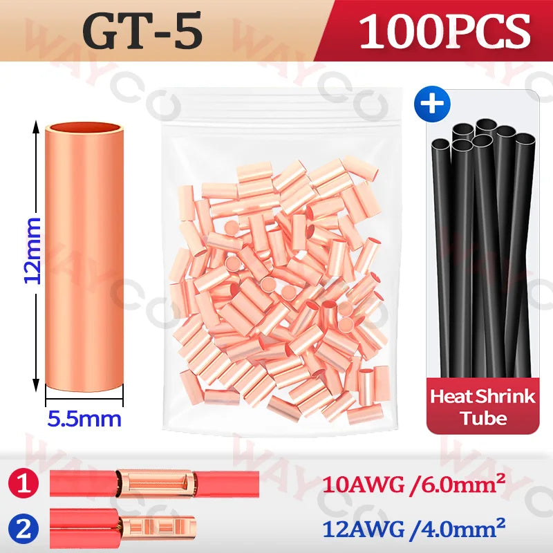 100PCS GT Copper Crimp Terminals Electrical Wire Cable Tubular Connectors Ring Sleeve Ferrules Lugs Have Heat Shrink Tubing