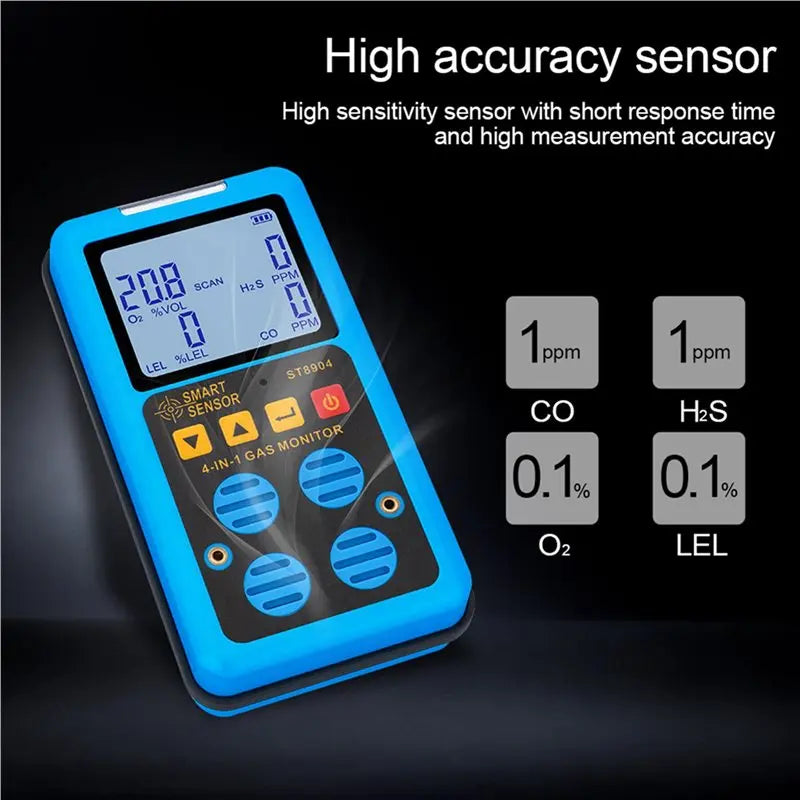 4X Smart Sensor Gas Detector Oxygen O2 Hydrogen Sulfide H2S Carbon Monoxide CO Combustible Gas LEL Gas Meter