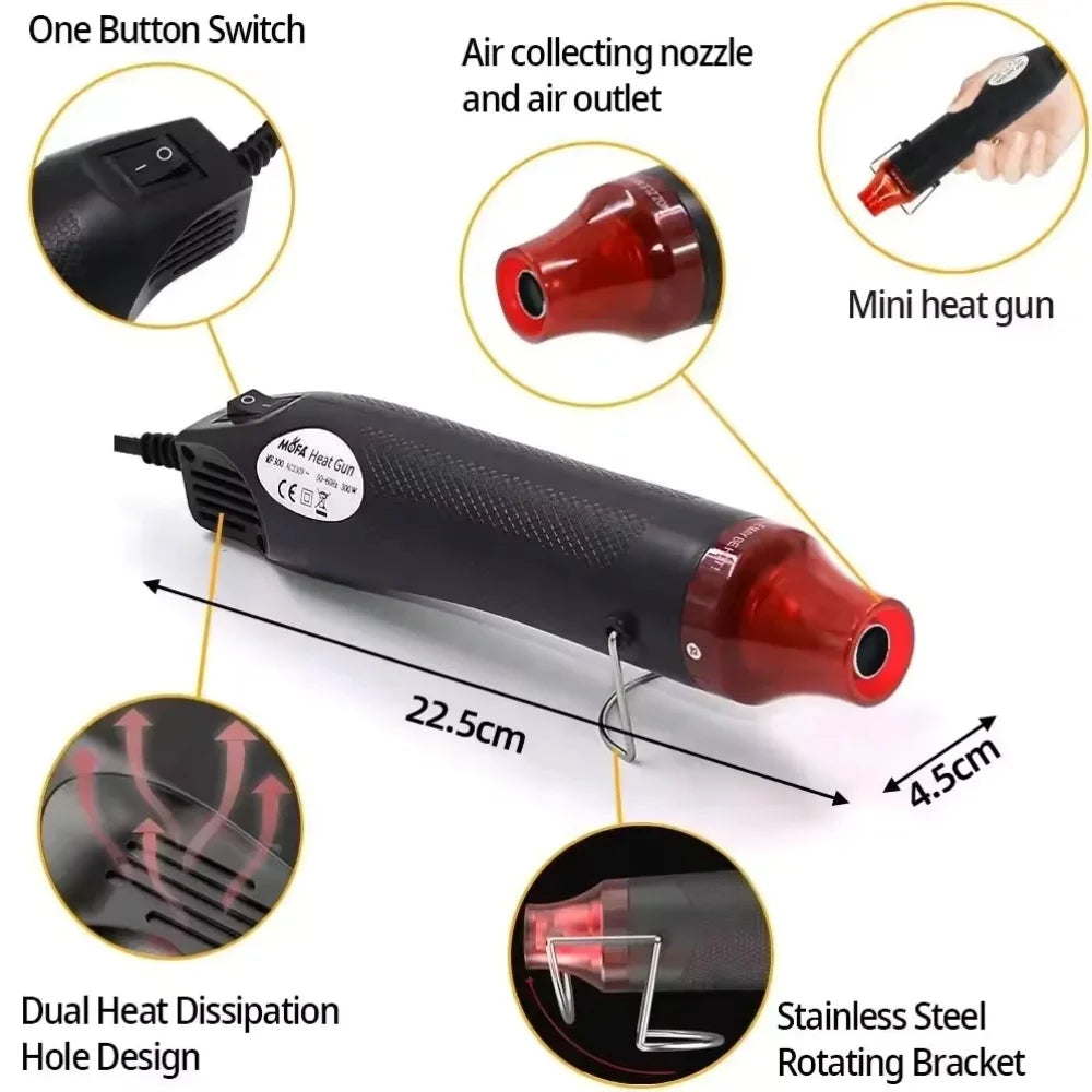 300W Hot Air Gun Mini Portable, Handheld Electric Heat Tool for DIY Craft Embossing Shrink Wrapping PVC, Multi-Function Heat Gun