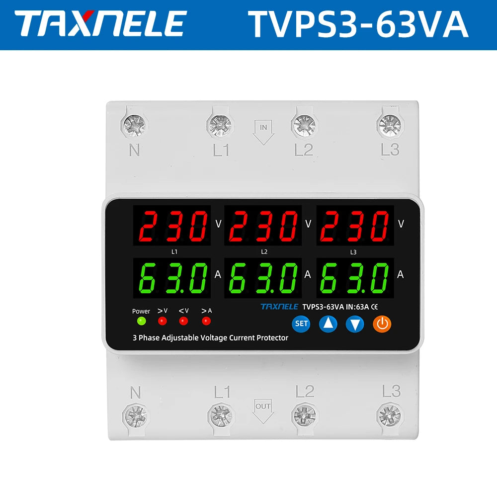 3 Phase Din Rail Voltmeter Ammeter Adjustable Over Under Voltage Current Limit Protection Monitor Relays Protector 63A 100A