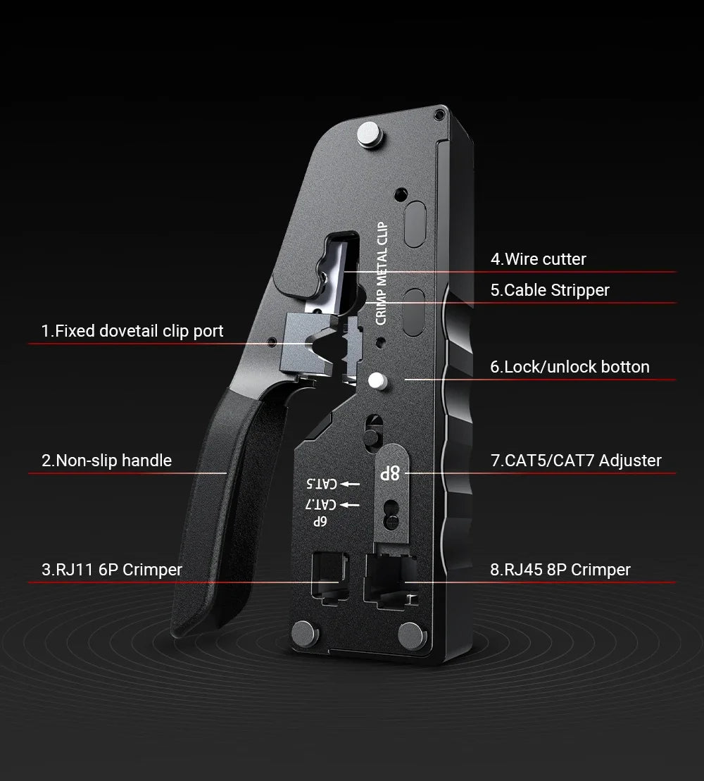 AMPCOM rj45 Crimper CAT7 Crimping Tool for Pass Through RJ11 RJ 45 Connector CAT6 CAT5E Modular Plugs With Wire Stripper Cutter