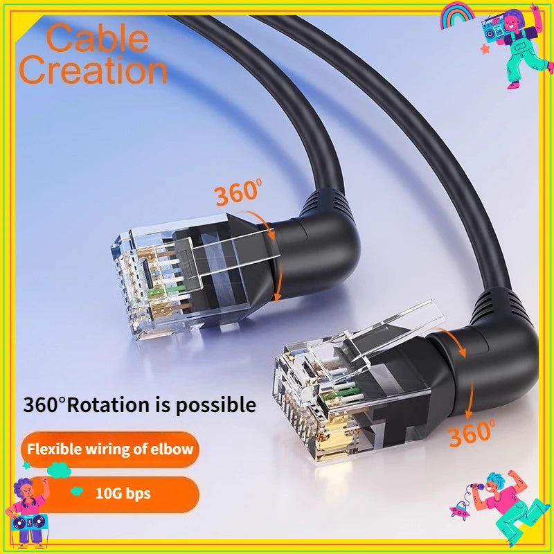 Swivel Bend Cat6a/Cat6/Cat6 Network Cable 10G X 104M Finished Jumper Fine 360° Right Angle RJ45 Connector High-Speed Data Transf