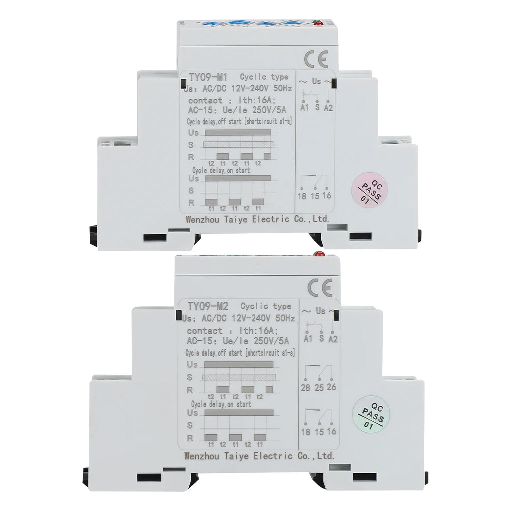 TY09-M1 M2 Cyclic Delay Timer Relay Switch SPDT 220V 16A AC/DC12V-240V 50/60Hz 0.1s-100 Days 2SPDT Din Rail