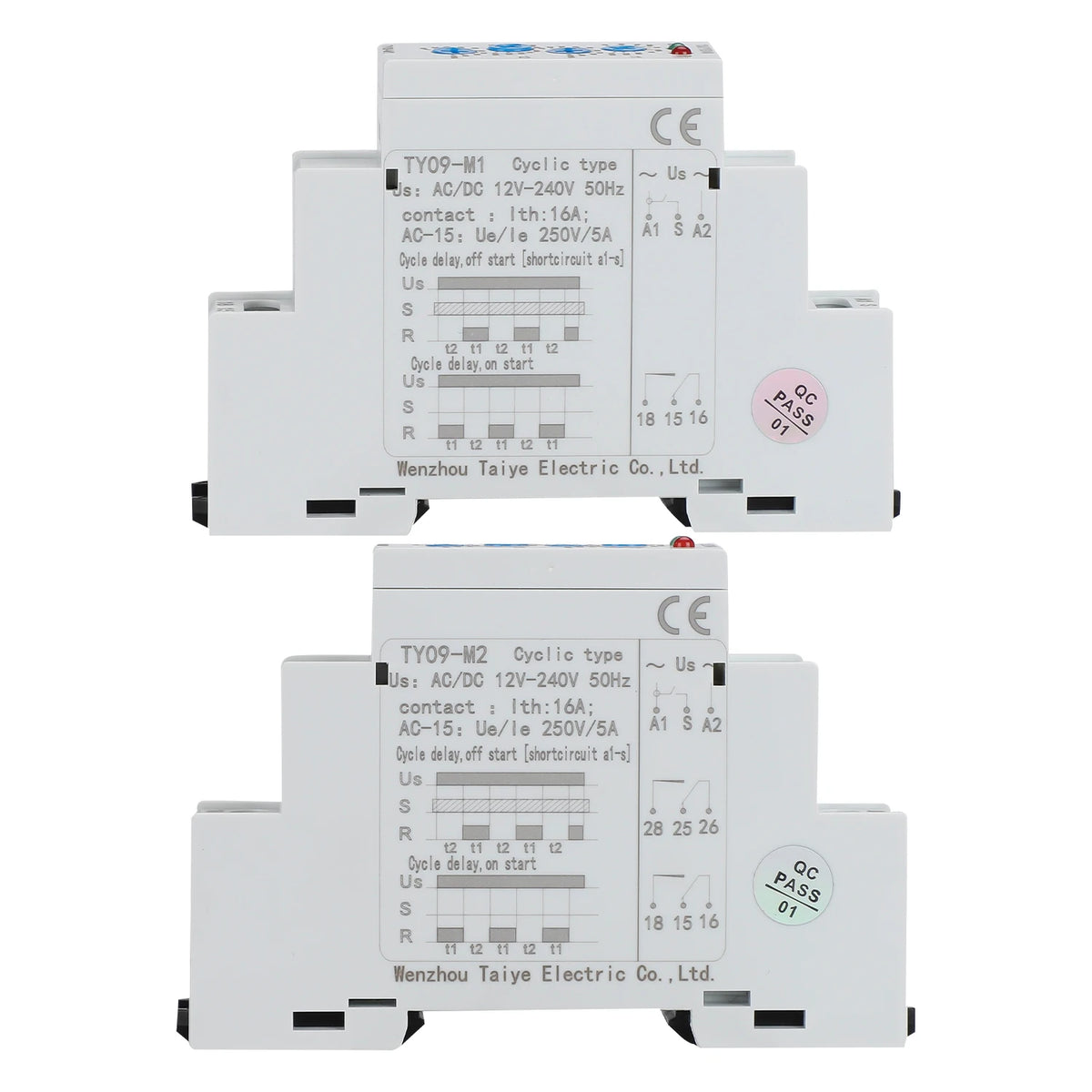 TY09-M1 M2 Cyclic Delay Timer Relay Switch SPDT 220V 16A AC/DC12V-240V 50/60Hz 0.1s-100 Days 2SPDT Din Rail