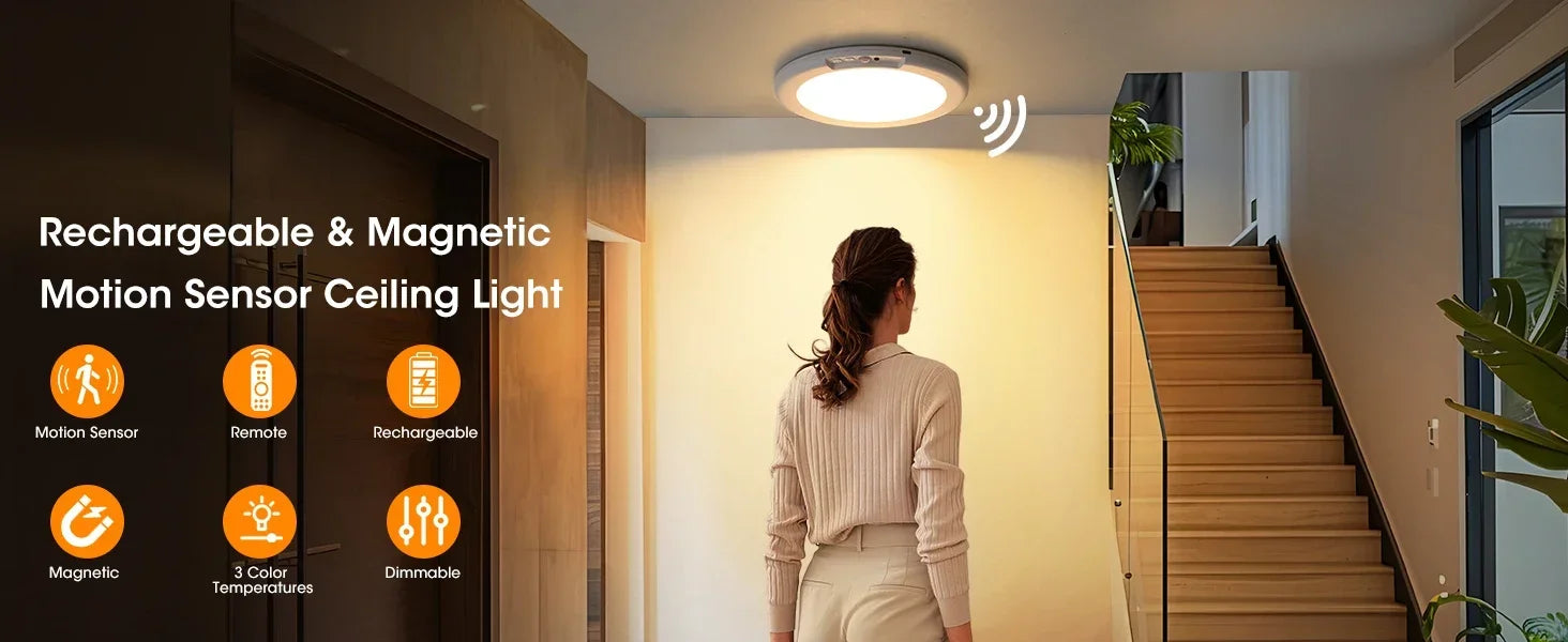 Magnetic Rechargeable Closet Light, Motion Sensor Wall Ceiling Lamp USB-C, Remote Control for Hallway Kitchen Stairs