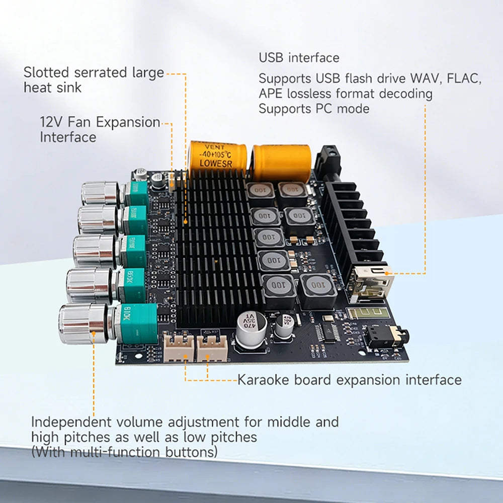 DC12‑24V ZK‑TB22 Audio Amplifier Module 75W+75W+145W+145W 2.2 Channel Bluetooth AUX USB PC Input Treble Bass Adjust