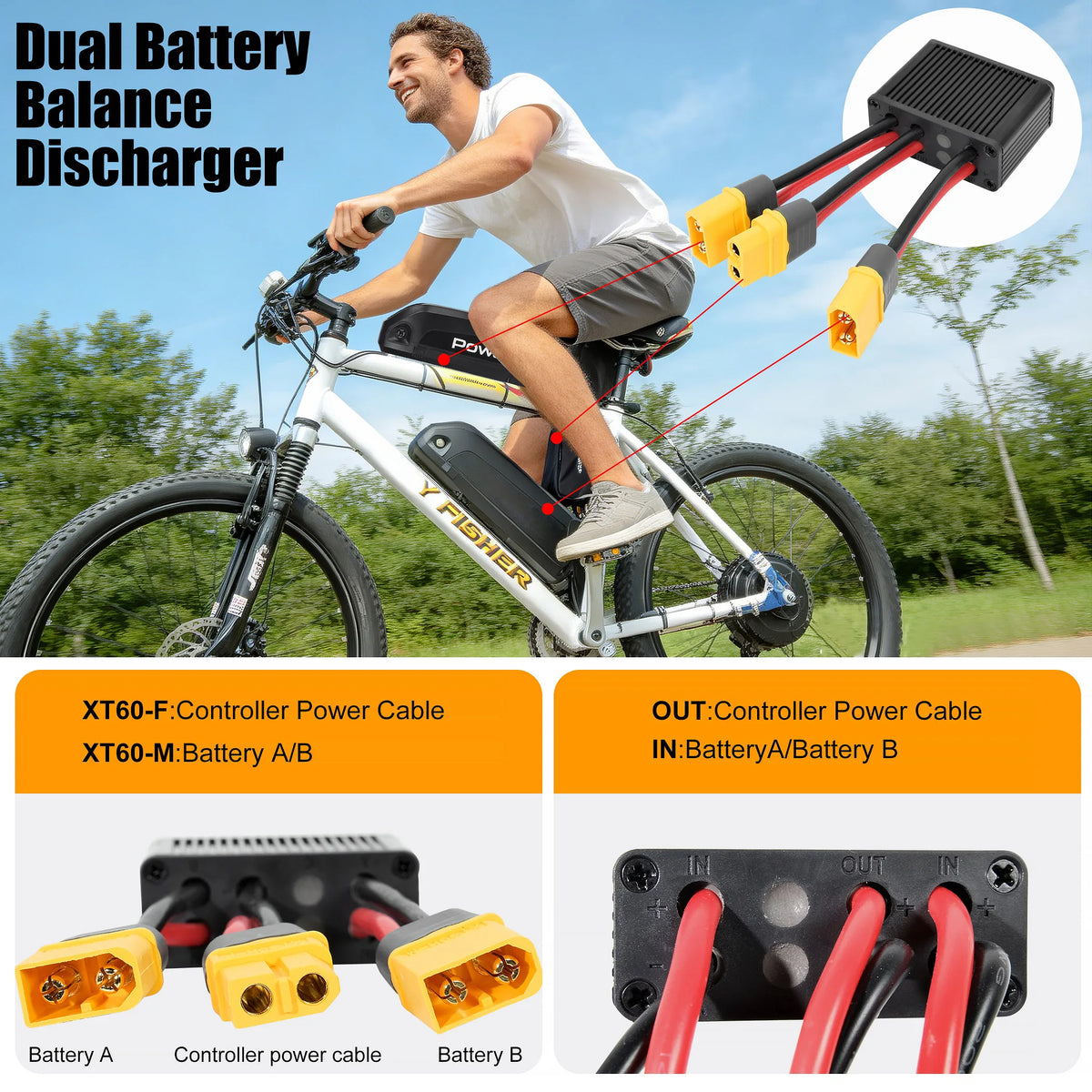 Mini Electric Bicycle Dual-Battery Discharge Converter Connection Adapter, Voltage Range 10 - 100V, Anderson/XT60/XT90 Connector