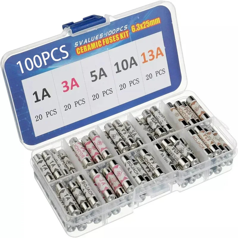 100pcs/boxed 6x25mm Ceramic Fuse 1A 3A 5A 10A 13A British Plug Fuse Insurance Fast Blow Tube Fuses Assortment Kit
