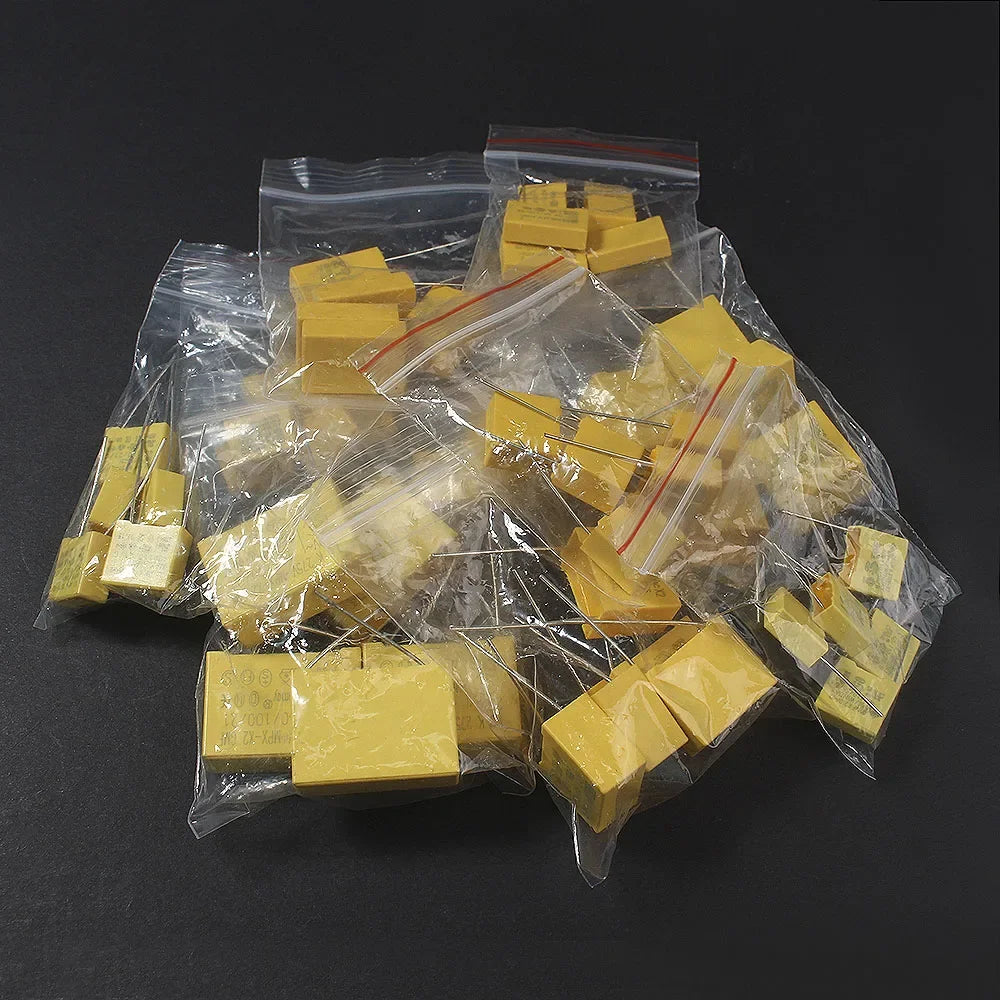 50PCS capacitor combination kit 102K~105K Polyester Film Capacitors Pack 275VAC X2 Capacitor Assorted Kit 0.047UF 0.1UF 0.22UF