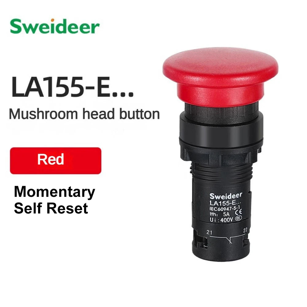 22mm Mushroom Button Switch Momentary Self Reset Emergency Stop Push Button Switch Power Start Switch with Light Red Green 5A