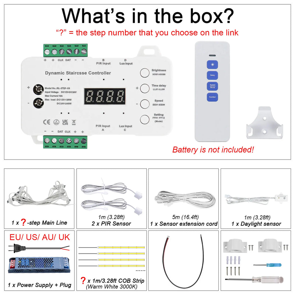 COB LED Strip PIR Motion Sensor Stair Lights Kit Step by Step Control Indoor Smart Staircase Lighting Controller with Main Line