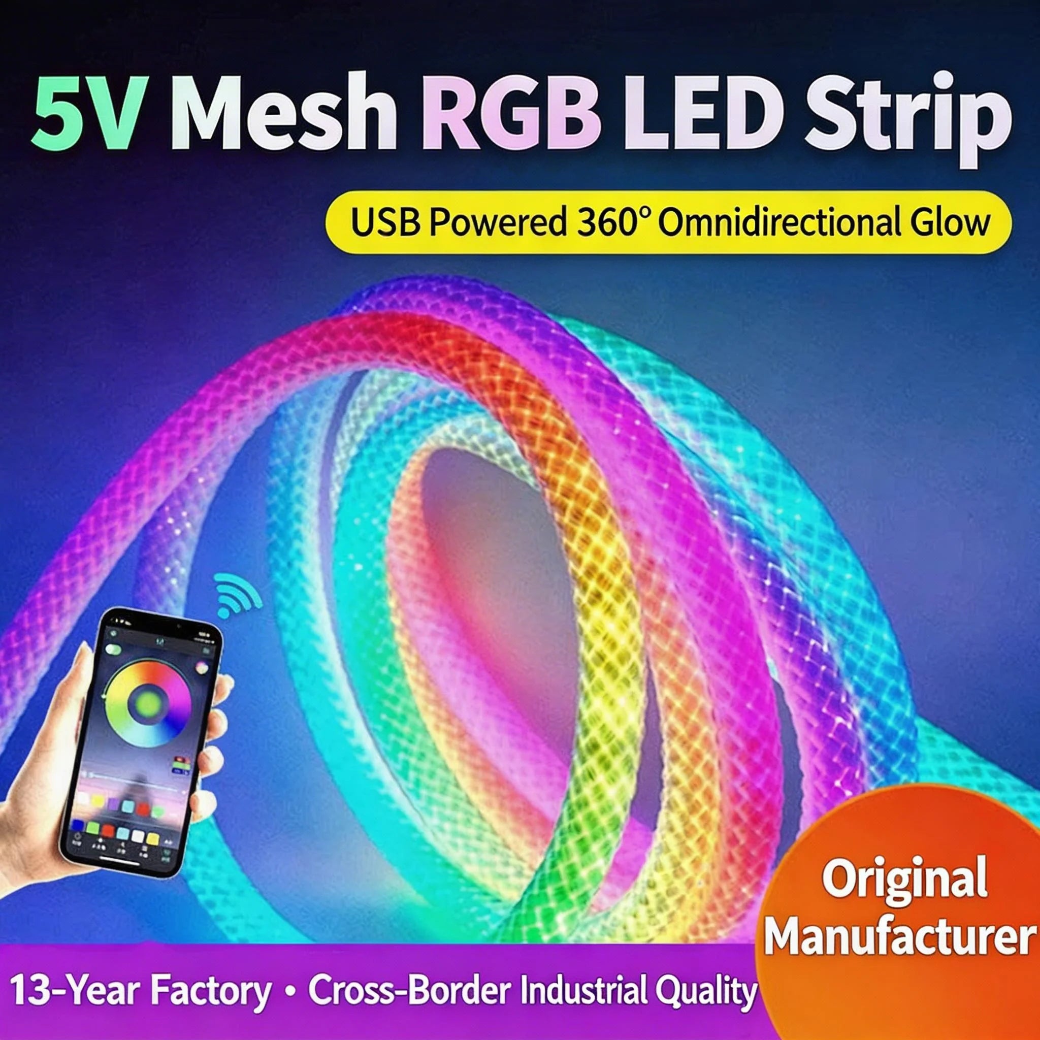360 Glow Round RGB Neon LED Woven Strip Light 24key Bluetooth APP Remote Control 5V USB WS2812B Music Sync Waterproof Rope Decor