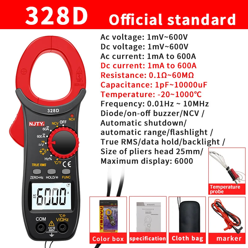 Digital Clamp Meter DC/AC Volt Amp Ohm Diode Multimeter Ammeter Multitester Current Voltage Resistance Tester NCV NJTY 3266TA