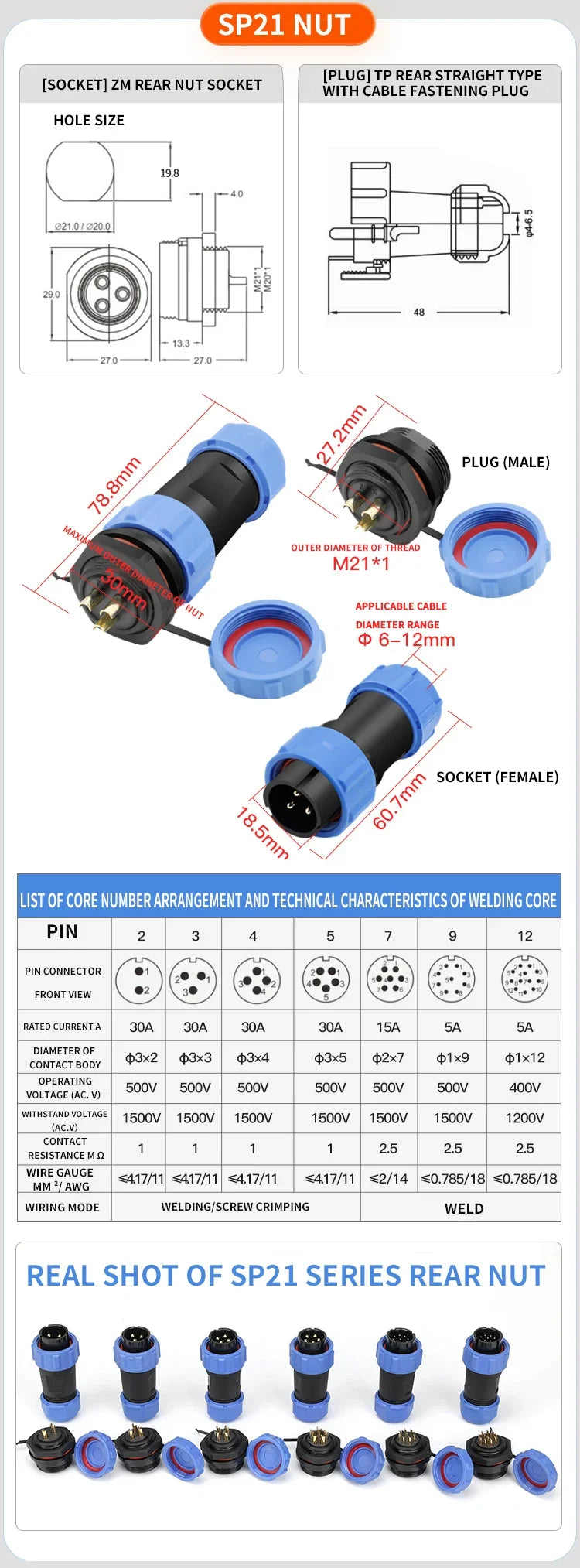 SP13 Waterproof Aviation Connector IP68 Panel Mount Cable Plug Socket 2 3 4 5 6 7 9 Pin Circular Connector Back Nut Set