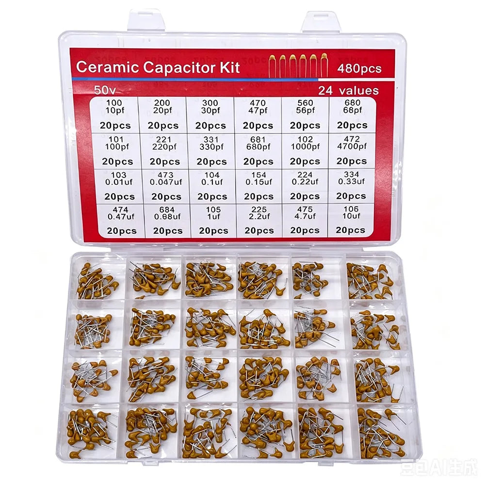 480pcs Ceramic Capacitor Assortment Kit for Guitar 0.1uf to 10uf Range 24 Values Durable Guitar Parts And Accessories