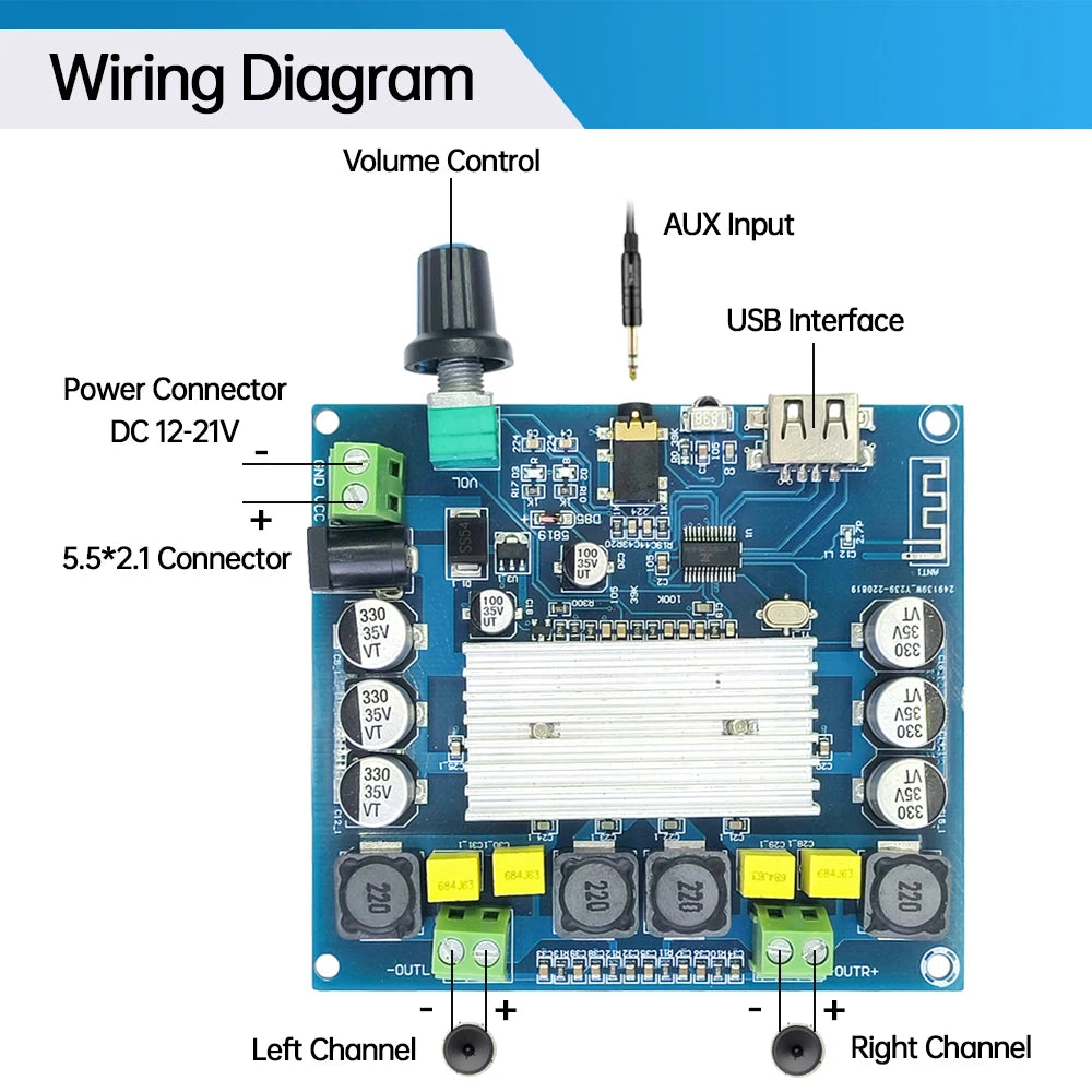 TPA3116 Bluetooth Amplifier Board BT5.0 Digital Dual-Channel 2*100W High Power Sound Audio Amplifier Module USB AUX Input
