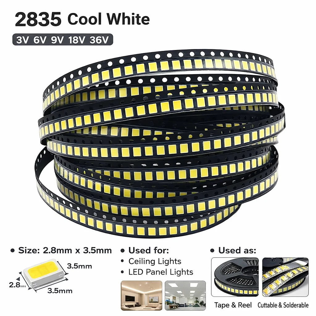 SAMIROB 100pcs High Brightness SMD LED 3V 6V 9V 18V 36V 2835 1W 0.5W 0.2W White 150MA/100MA/30MA/60MA/80MA 6000-6500K