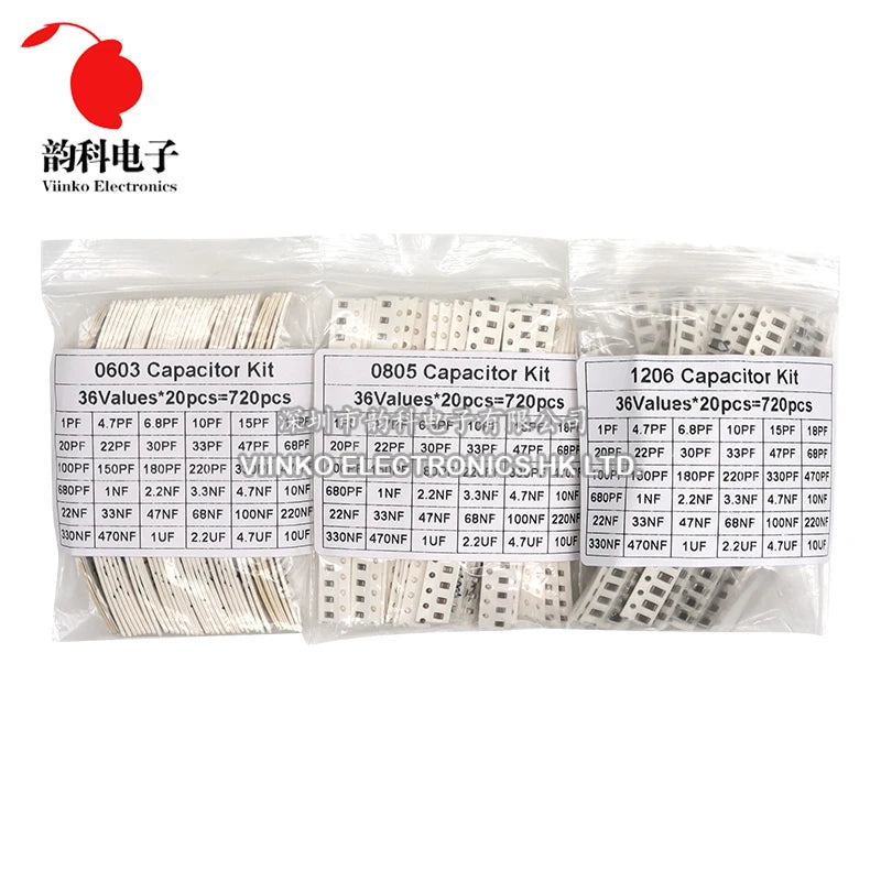 320PCS 720PCS 0603 0805 1206 SMD Capacitor Assorted Kit 16/36/50Values 1PF - 10UF Capacitance Set 100NF 0.1UF 1UF 2.2UF 4.7UF