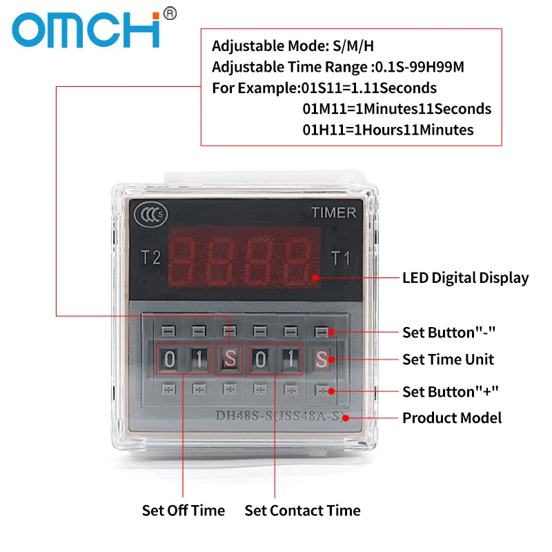 OMCH DH48S-S SPDT Timer Relay with Base DC12V/24V AC110V/220V Models DH48S-1Z/2Z DH48S-11 DH48S-S-2Z for Electrical Engineering