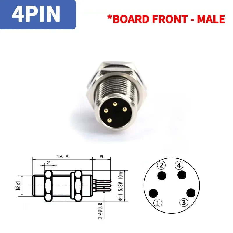 M8 A-Coded Sensor Connector – Panel Back Mount Waterproof Flange Socket & Plug, 3/4/5 Pin Male & Female Threaded Coupling