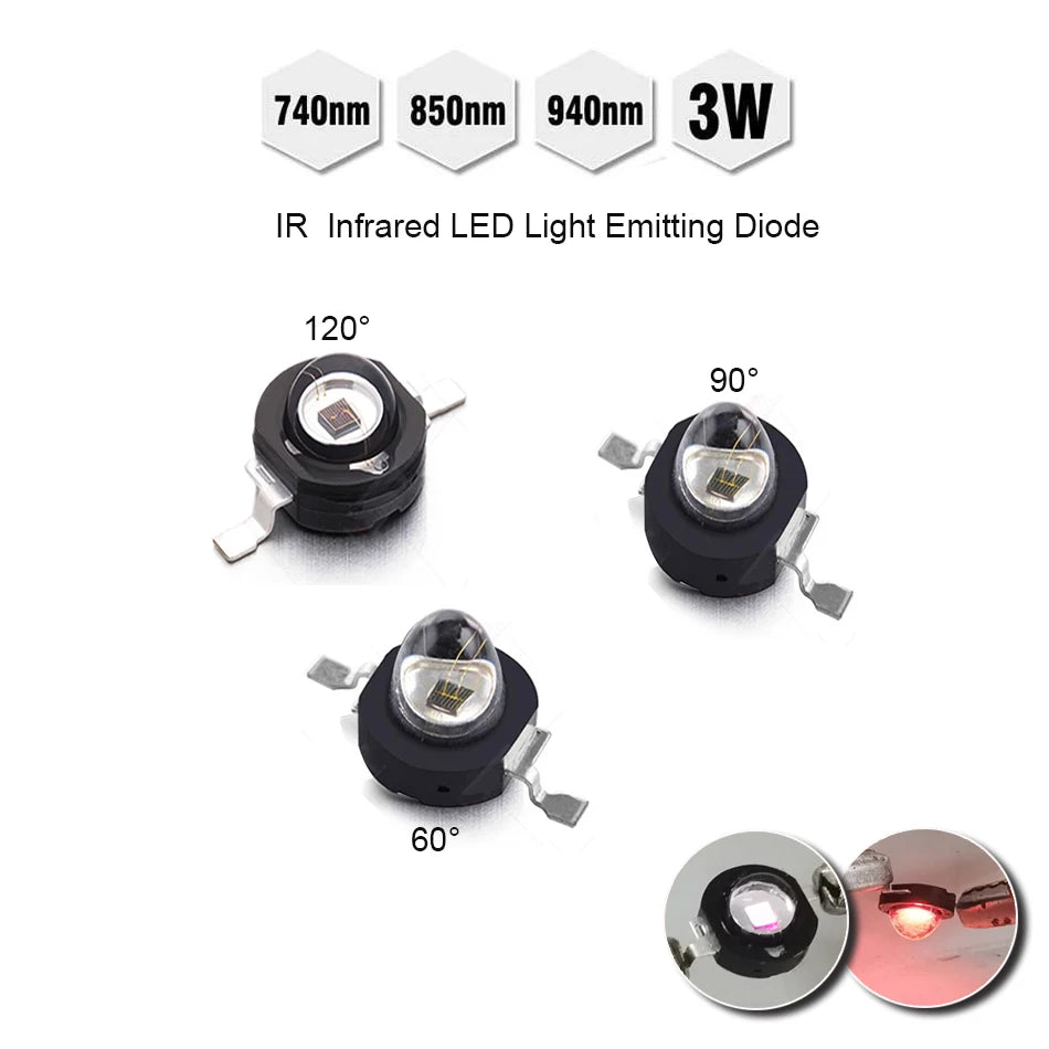3W IR High Power led 3Watt 850nm 940nm 740nm 60 90 120 degree  Infrared LED IR Light Emitting Diode for Night Vision CCTV DIY