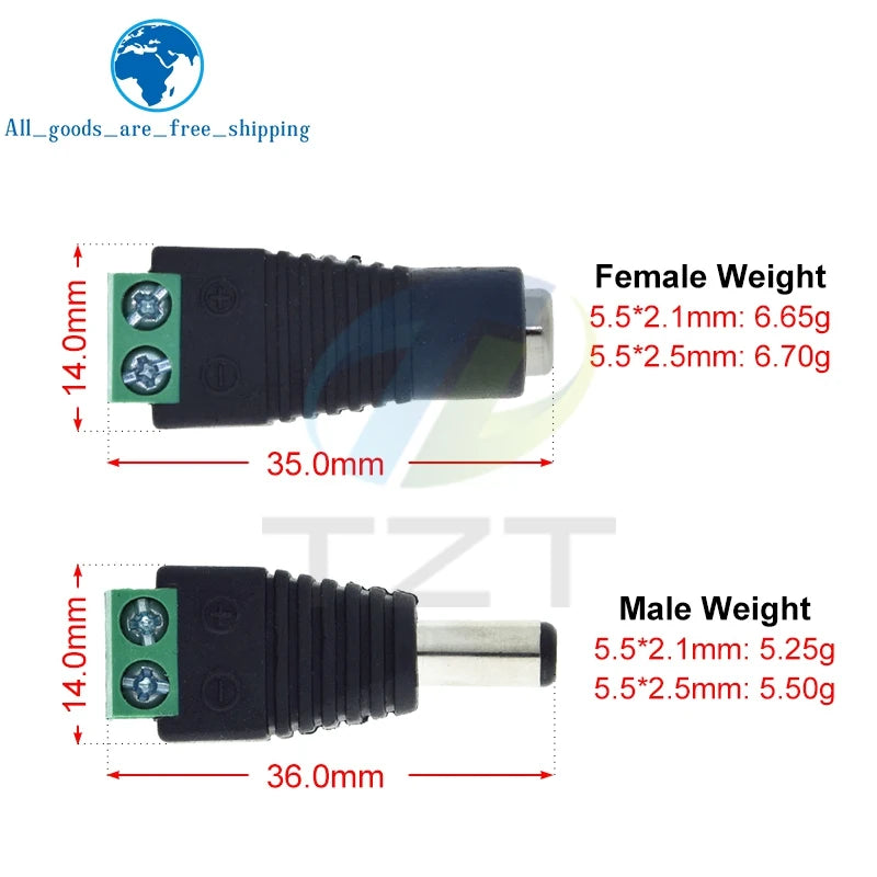 5.5MM x 2.1MM / 2.5MM Female Male DC Power Plug Adapter for 5050 3528 5060 Single Color LED Strip and CCTV Cameras
