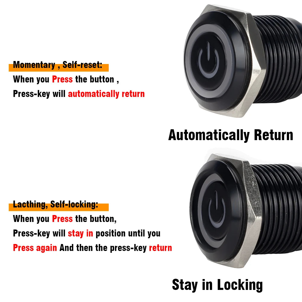 12/16/19/22mm Waterproof Metal Push Oxidized Black Button Switch LED Light Momentary Latching Car Engine Power Switch 5V 12V 24V