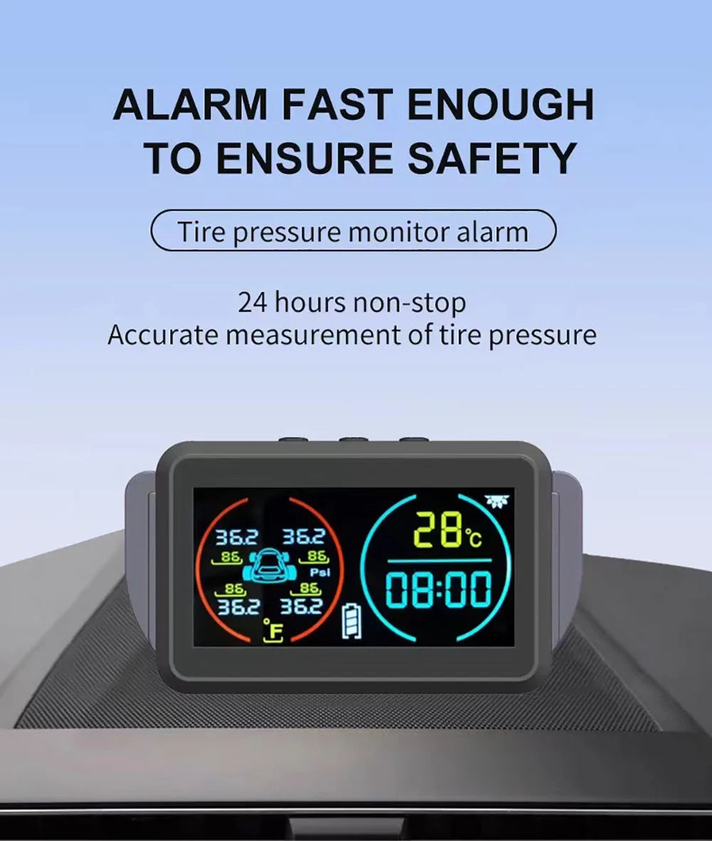 Smart Solar Power TPMS Car Tire Pressure Monitoring System Alarm Tyre Air Pressure Meter Gauge Temperature Warning 4 Sensors