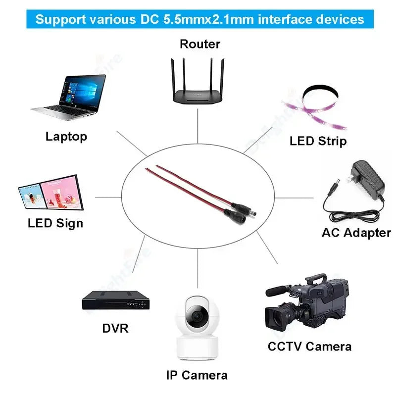 5.5 2.1mm Male Female DC Power Pigtail Connector Cable 12V 5A DC Barrel Plug Terminals for LED Strips CCTV Camera Power Adapter