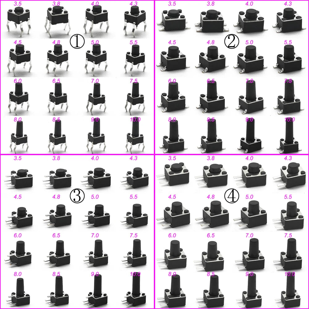 50PCS 4.5X4.5X3.5/3.8/4.5/5/6/7/8/9/10/12MM 4Pin DIP 12V PCB Tiny Button Tact Switch 260GF Momentary Tactical Push Button