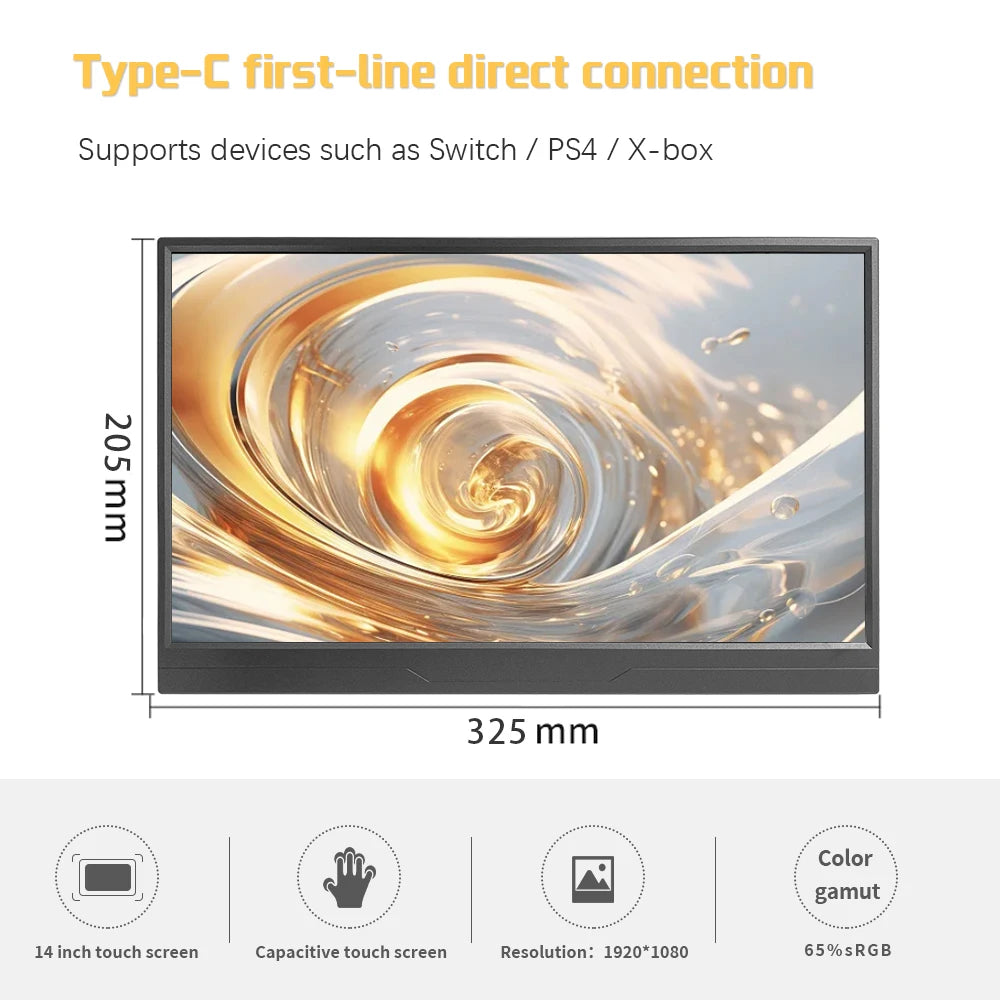 JLT 14-inch LCD Portable Monitor 1920*1080 65%SRGB IPS Extended Display with Bracket For PC Laptop Switch Type-C hdmi-Compatible