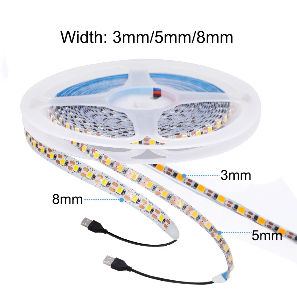 3MM 5MM 8MM Width DC 5V LED Strip 2835 120LEDs/m 1 LED Per Cut Flexible Tape IP20 Not Waterproof Warm Natural Cool White 1M-5M