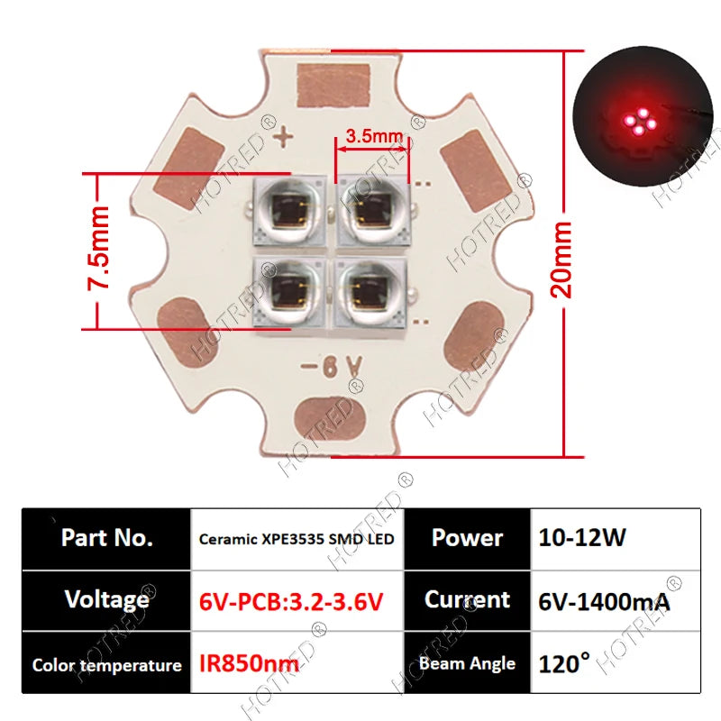 10W High Power LED Chip IR Infrared 660nm 680/730/760/810/850nm 12W 3535 Bead 2V 4V 8V 700/1400/2800mA For Night Vision Security