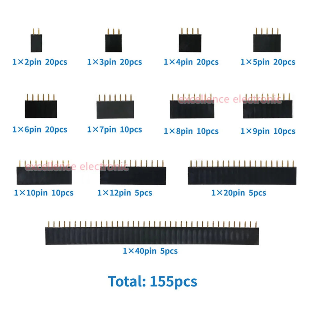 155PCS 2.54mm Single Row Pin Socket Female Header Connector Box 4/6/8/10/12/16/20/40pin PCB Board Combination Kit for Arduino