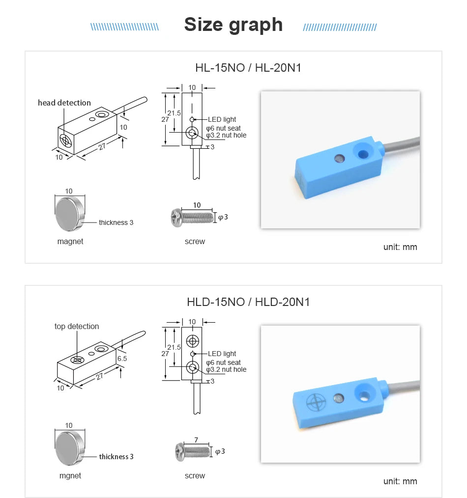 Cloweit 15mm 20mm Micro Hall Effect Sensor IP68 Proximity Magnetic Switch  NPN PNP 3-wire NO/NC DC 12V 24V  Remote Nonpolar