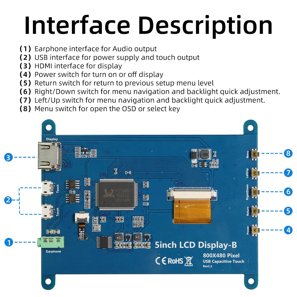 5 Inch HDMI LCD Display 800*480 Capacitive Touch Screen for Raspberry Pi 5 4B 3B 2B B+ B 3A+ A+ Zero W Zero