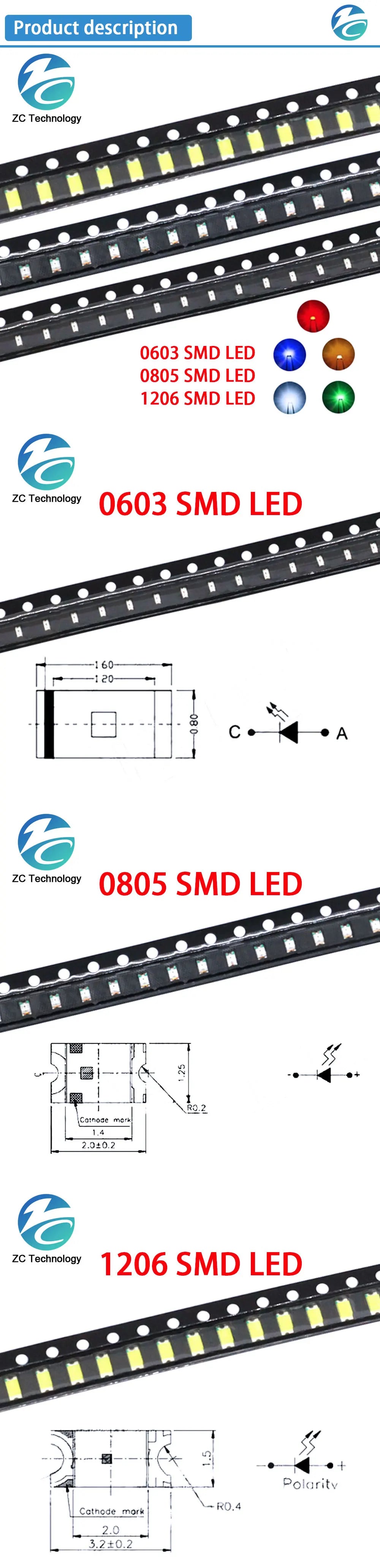 20/100PCS 5 Colors 0603 0805 1206 SMD LED Red Yellow Green White BlueLight Emitting Diode Clear LED Diode Light 100pcs/lot