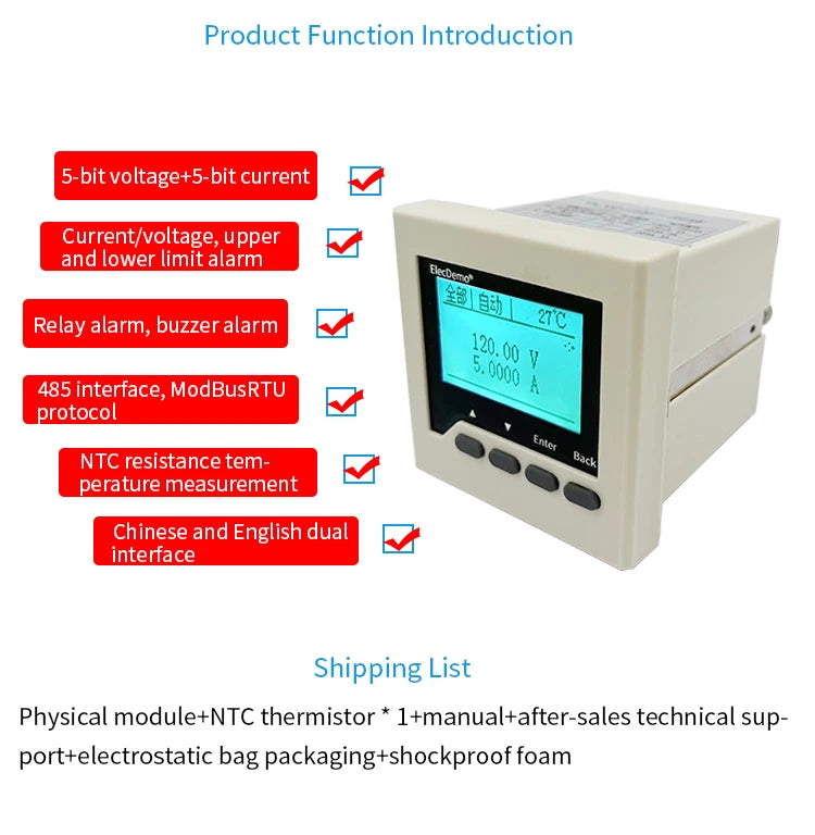 High Precision Isolated Dual Display DC Voltmeter Ammeter Panel Meter, uA Level Detection Threshold Alarm, RS485 Modbus RTU LED