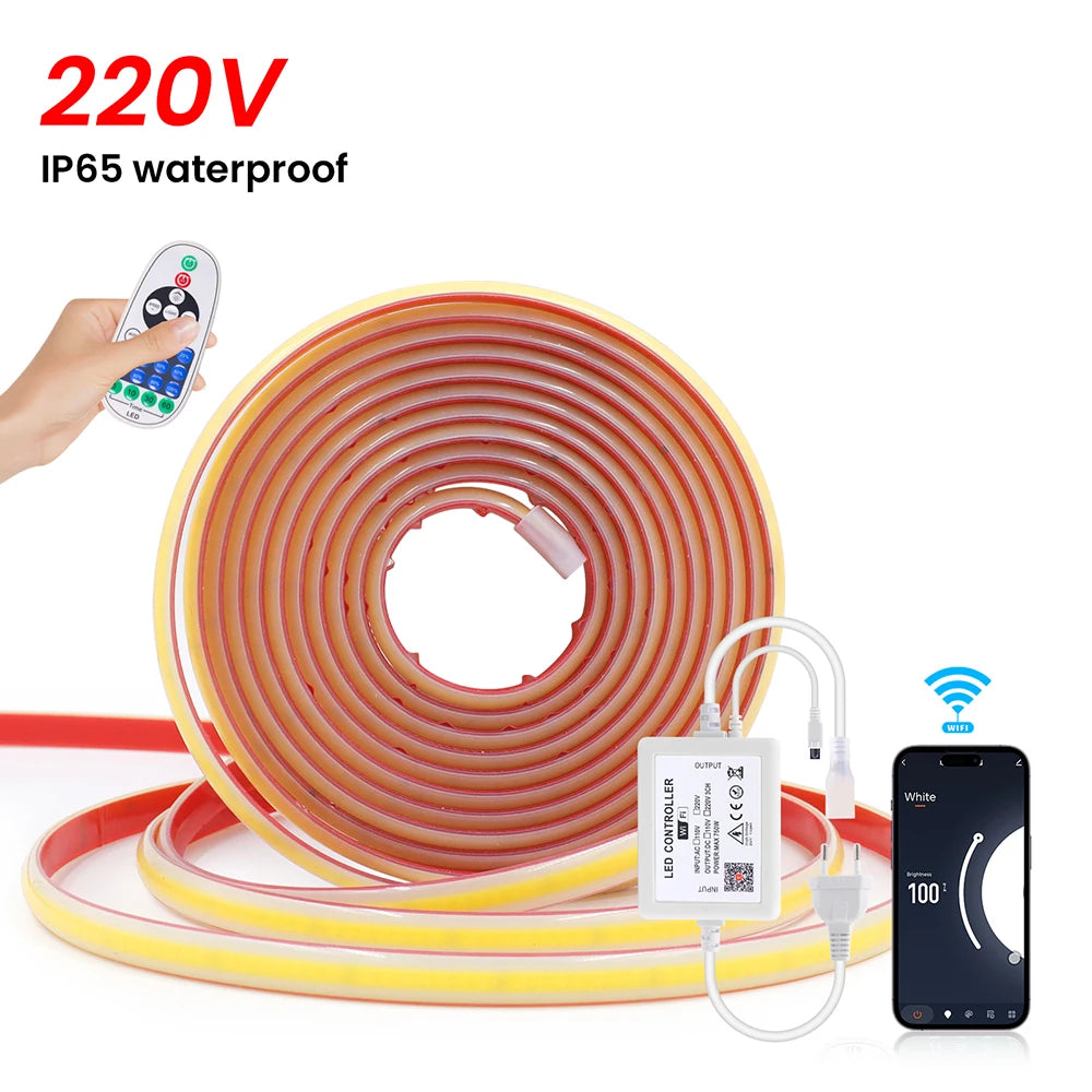 Dimmable COB LED Neon Light Strip Remote Power Kit Wifi Bluetooth Wall Touch 220V 23key Controller 288LEDs/m IP65 Flexible Lamp