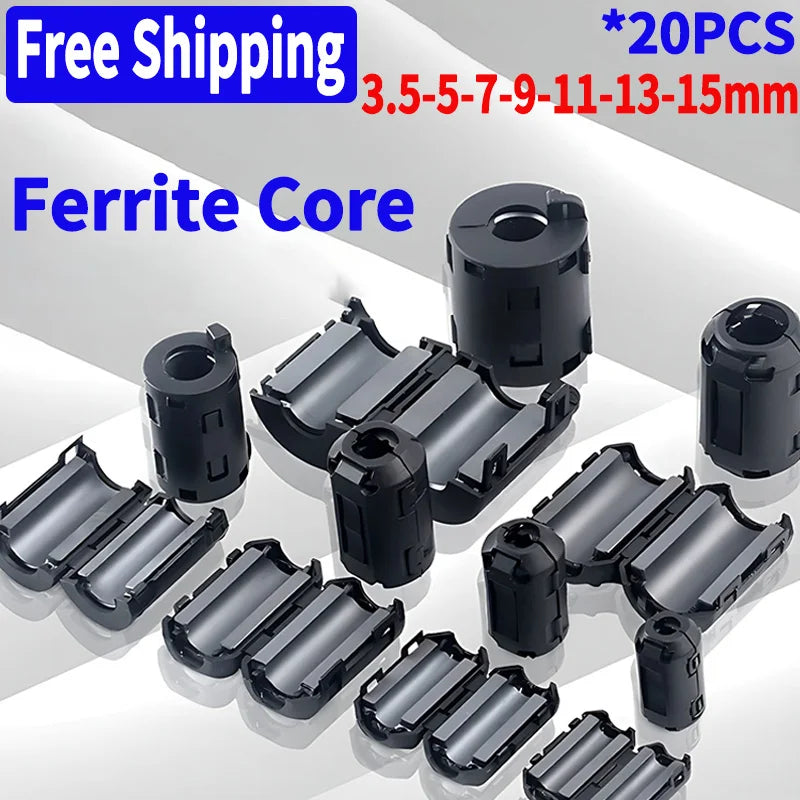 20Pcs 3.5/5/7/9/11/13/15mm EMC Ring Core Ferrite Bead Clamp Choke Coil Ferrite Filter Clip Cable for Black Magnetic Snap-on