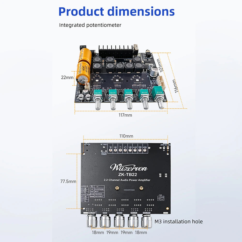 DC12‑24V ZK‑TB22 Audio Amplifier Module 75W+75W+145W+145W 2.2 Channel Bluetooth AUX USB PC Input Treble Bass Adjust