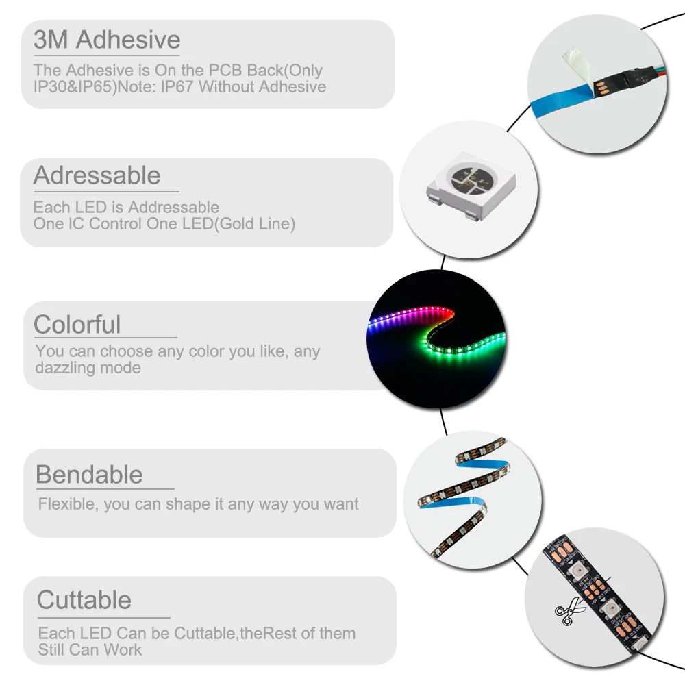 WS2812B Individually Addressable Led Strip light WS2812 5050 RGB Smart Pixels Led Light 30/60/74/96/144leds/m IP30/65/67 DC5V