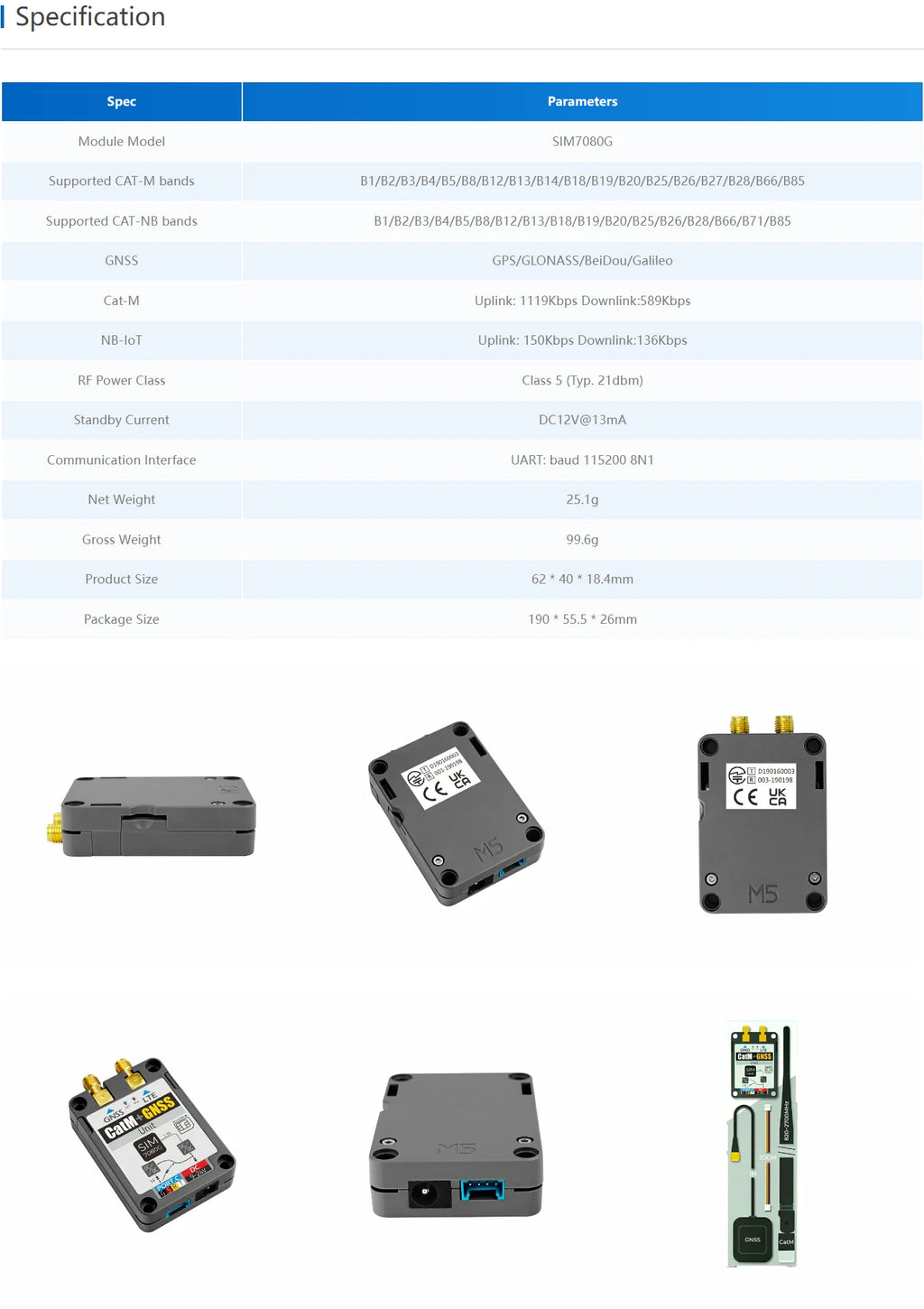M5Stack Official SIM7080G CAT-M/NB-IoT+GNSS Unit with Telec Antenna